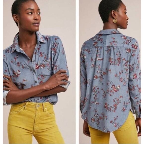 Anthropologie Building 18 Womens Blue Floral Corduroy Blouse Top US 4 - Picture 1 of 7